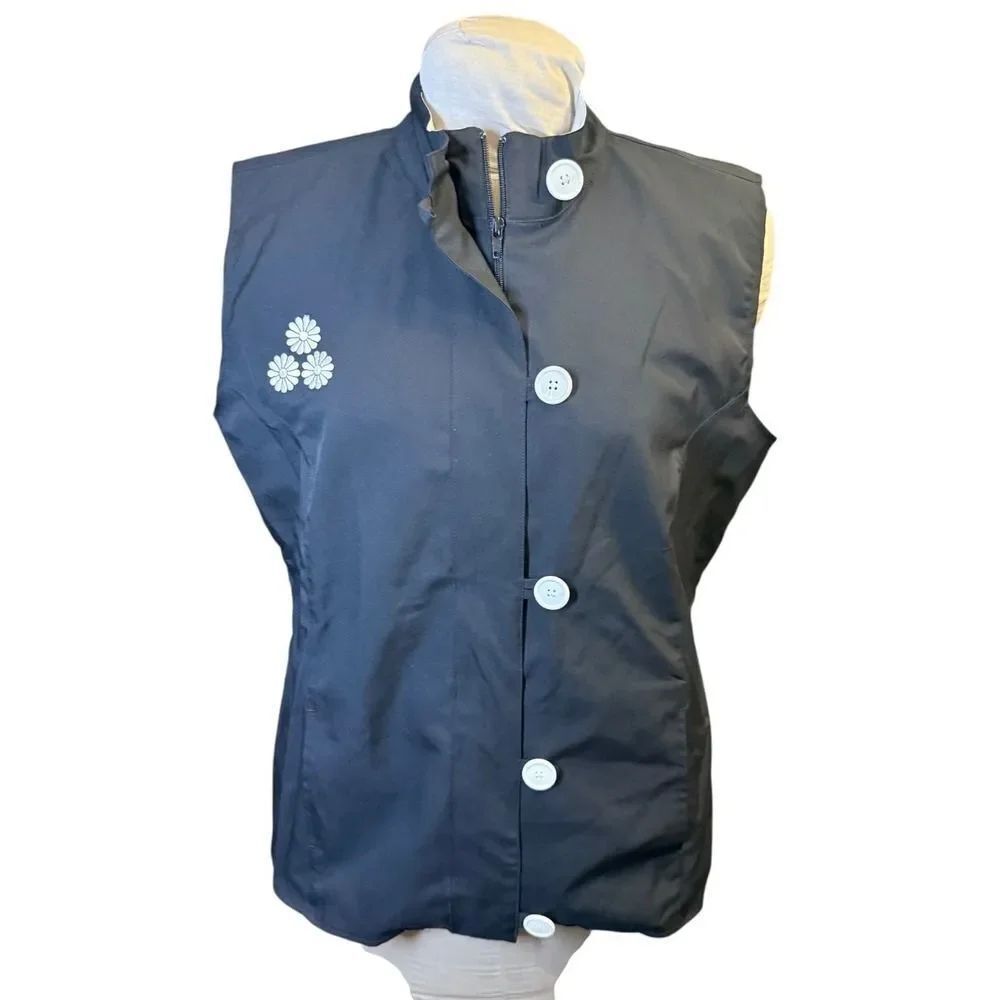 Cindy Reid Womens Black Floral Embroidered Golf Vest Mock Neck XL Zip Button